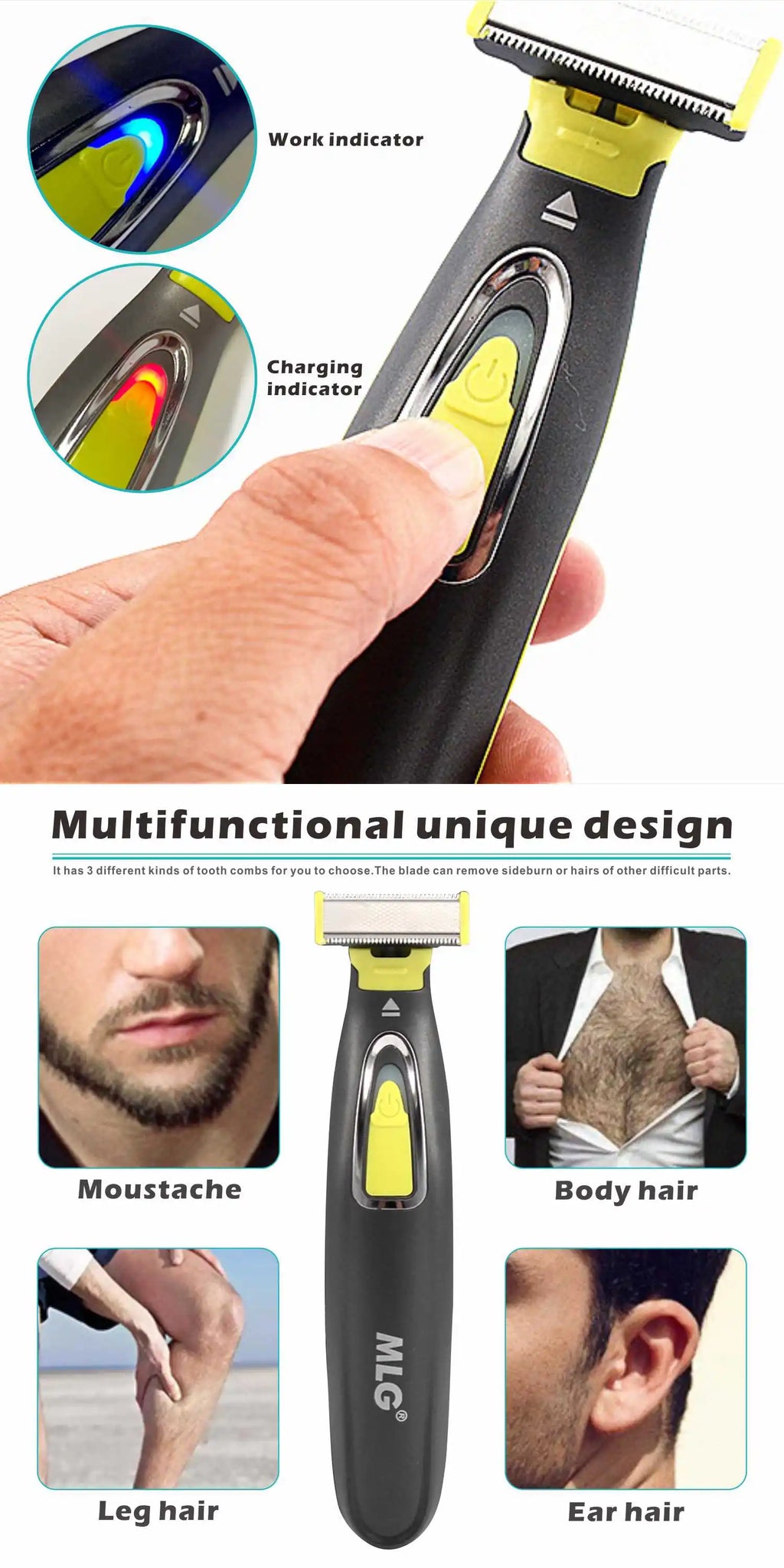 MLG USB Rechargeable Waterproof Washable Rechargeable Electric Shaver Beard Razor Body Trimmer Men Shaving Machine Hair