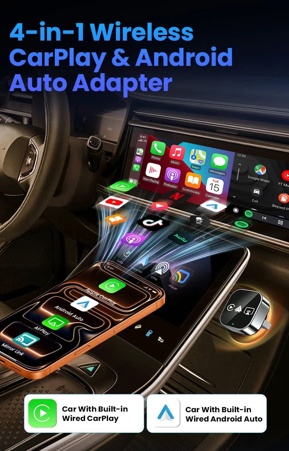 CarRocket Car Intelligent Systems Smart Car Systems 4in1 Wireless Carplay Adapter Android Auto For Built-in CarPlay Fit VW FAIT
