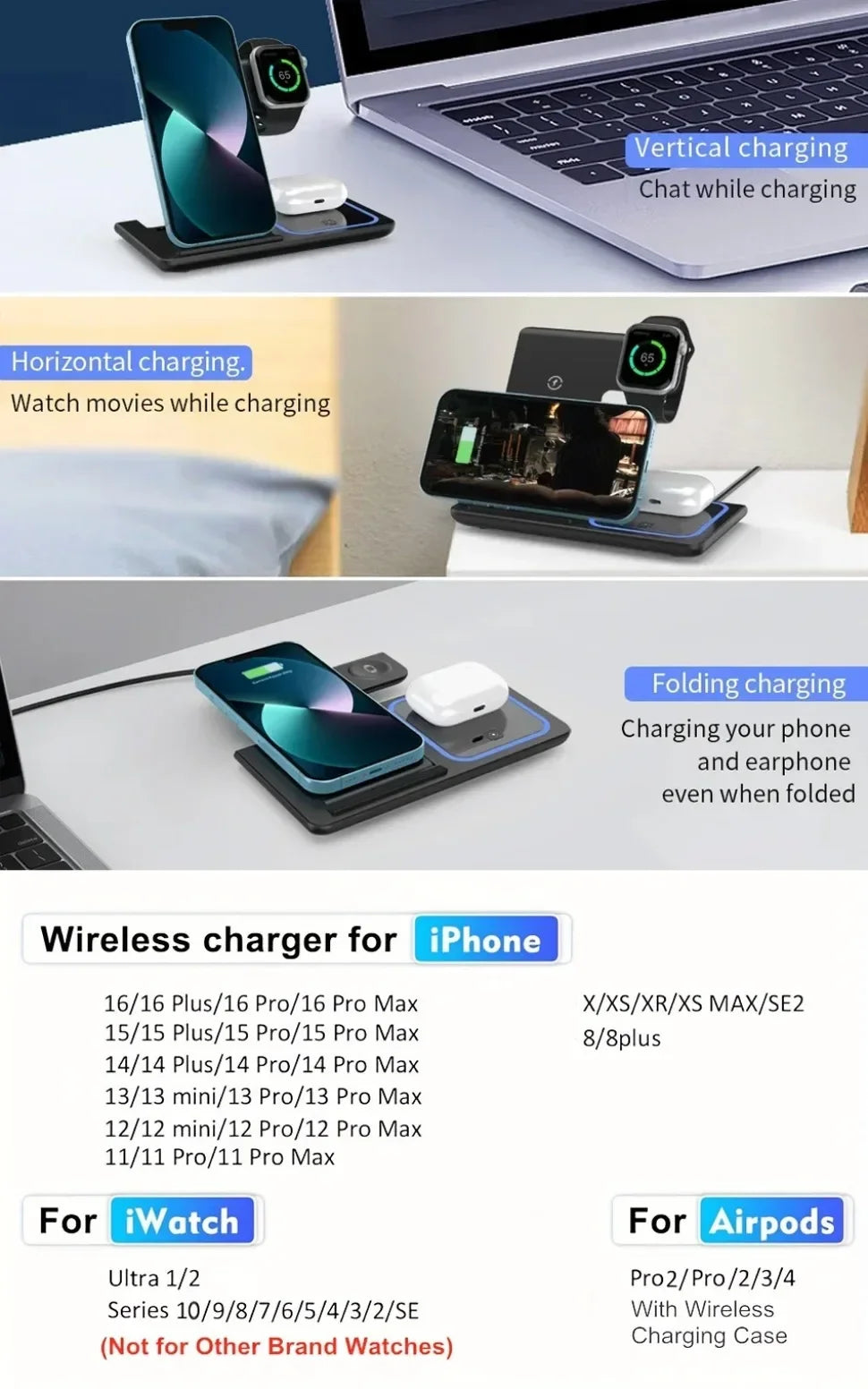 3 in 1 Foldable Wireless Charging Station for iPhone 17 16 15 14 13 12 Pro Max iWatch Ultra Airpods Pro Fast Charger Stand Dock